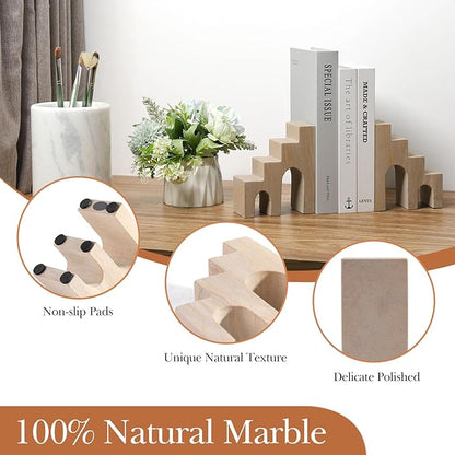 Natural Marble Book Ends for Shelves, Decorative Bookends for Heavy Books, CastleGuard Bookend Book Holder Stopper for Home Office Desk Bookshelf Decoration, Turkey Natural Marble, Set of 2