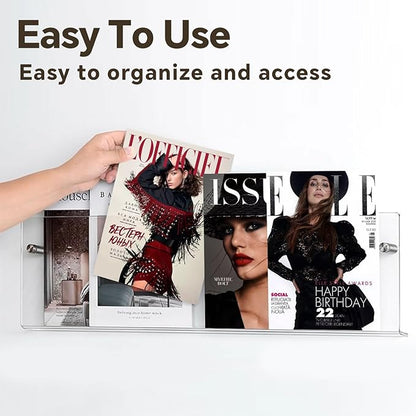 2-Pack Acrylic Magazine Holder - 24 Inch Clear Wall Mounted Floating Bookshelf for Brochures,Records & Books,Modern Storage Rack for Office,Living Room,Waiting Room(Clear,24 Inch)