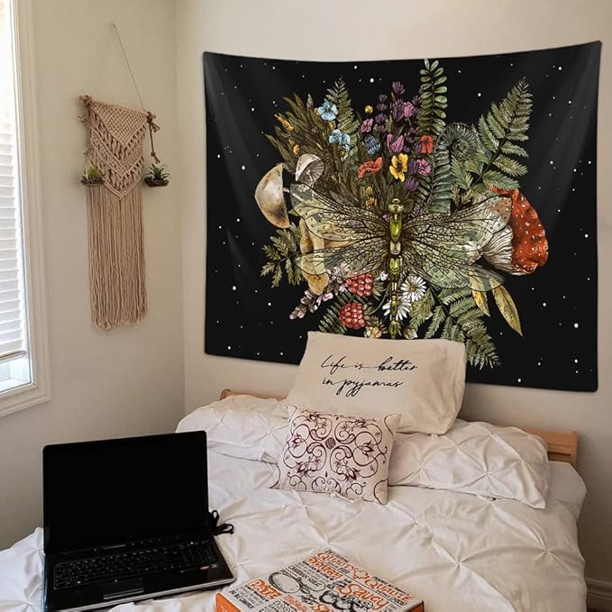 Boho Mushroom Dragonfly Tapestry for Bedroom Aesthetic, Vintage Botanical Plant Art Tapestries Wall Hanging for College Dorm Living Room Decor 40X30", Fairy Galaxy Poster Blanket