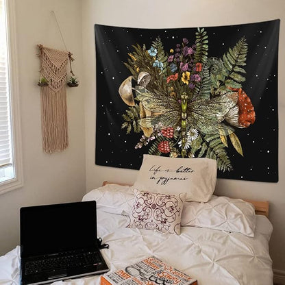Boho Mushroom Dragonfly Tapestry for Bedroom Aesthetic, Vintage Botanical Plant Art Tapestries Wall Hanging for College Dorm Living Room Decor 40X30", Fairy Galaxy Poster Blanket