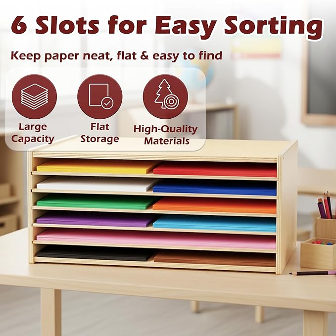 PROLEE Construction Paper Organizer,6-Tier Paper Organzier Wood Desktop Organizer,Papers Storage Rack,Letter Tray File Sorter for Home and Office (20.5"x13.2"X10.5")