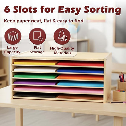 PROLEE Construction Paper Organizer,6-Tier Paper Organzier Wood Desktop Organizer,Papers Storage Rack,Letter Tray File Sorter for Home and Office (20.5"x13.2"X10.5")