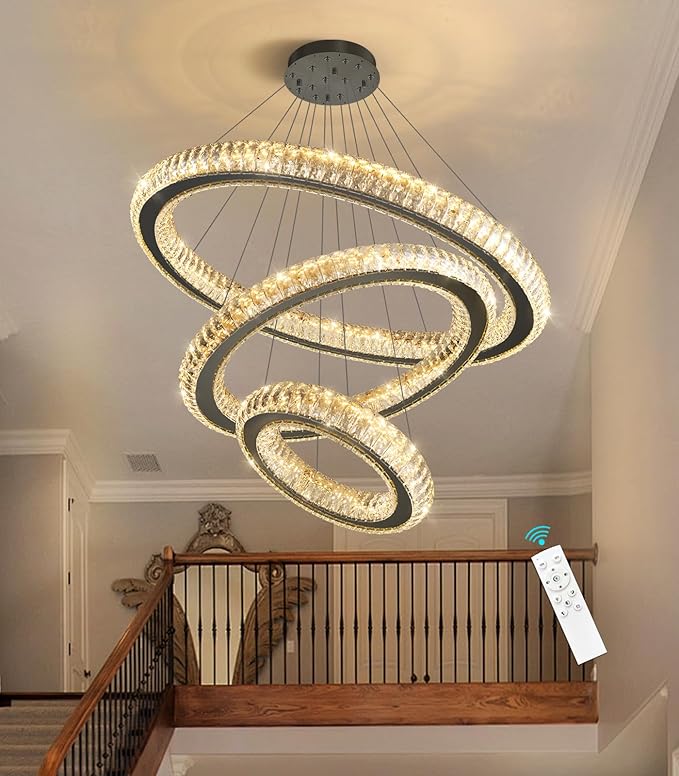 3 Rings Chandelier Modern Dimmable High Ceiling Large Ring Chanderliers Entryway Crystal Pendant Lights for Entryway Foyer Living Room Black Light