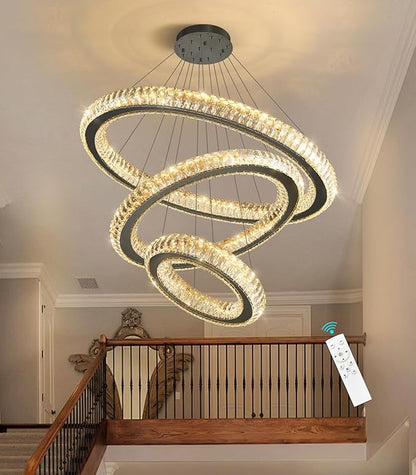 3 Rings Chandelier Modern Dimmable High Ceiling Large Ring Chanderliers Entryway Crystal Pendant Lights for Entryway Foyer Living Room Black Light