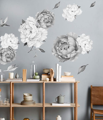 Peony Watercolor Wall Decals (Black and White Watercolor) - Flowers Decals for Wall - Botanical Bedroom Decor - Floral Peonies Grey Wall Stickers with Test Sample