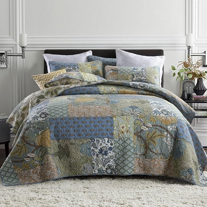 Cotton Bedspread Quilt Sets Reversible Bedding Coverlet Sets,3 Pieces Green Rustic Vintage Paisley Patchwork Bedspread, King Size
