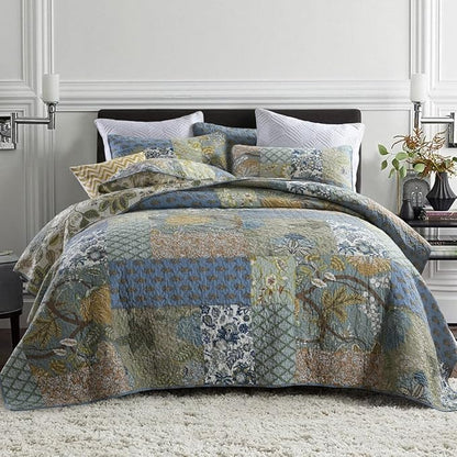 Cotton Bedspread Quilt Sets Reversible Bedding Coverlet Sets 3 Pieces Vintage Floral Patchwork Paisley Green Rustic Bedspread, Queen Size