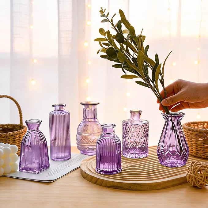 Violet Purple Glass Bud Vases in Bulk 12, Small Vintage Textured Flower Vases for Wedding Centerpieces, Baby Shower, Party Event, Decorative Mini Vase Bottles Set for Flower, Home Table Decor