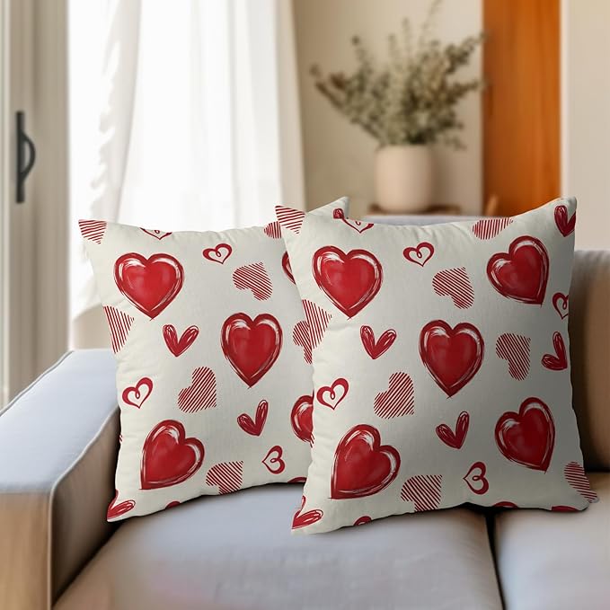 Valentines Day Pillow Covers 24x24 Set of 2 Beige Red Heart Throw Pillow Covers Love Pillowcase Linen Decoration Farmhouse Holiday Cozy Soft Cushion Case Couch for Indoor Outdoor Home Decor