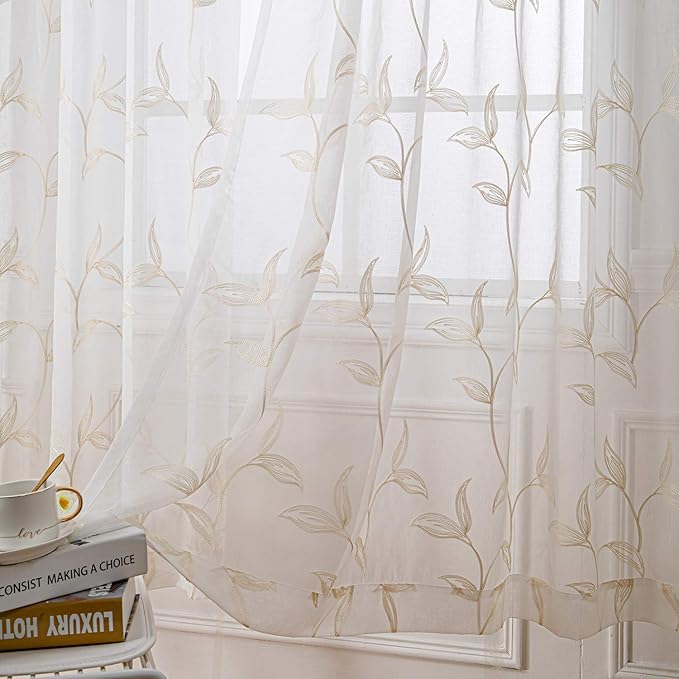 VISIONTEX Sheer Curtains 63 Inch Length 2 Panels Set Cream Beige Embroidered Floral Leaf Pattern Rod Pocket Semi Sheer Voile Window Curtains/Drapes for Bedroom Living Room 54 x 63 Inches