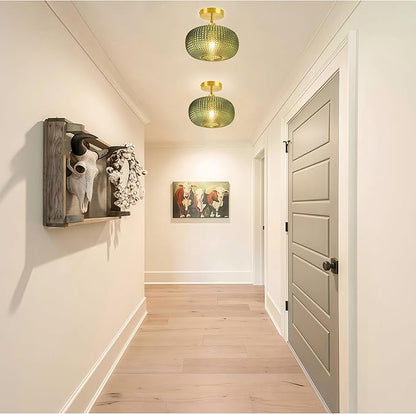 Semi Flush Mount Ceiling Light Fixture,Hallway Light Fixtures,Vintage Globe Glass Ceiling Fixture with Green Shade,Kitchen Ceiling Light Fixture,Farmhouse Ceiling Lighting for Bathroom Entryway Porch