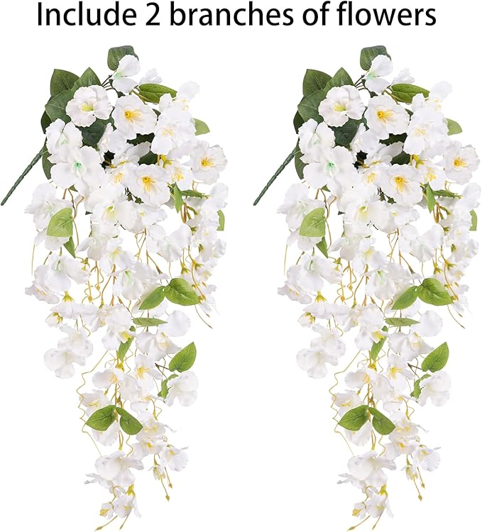 Fake Hibiscus Artificial Hanging Flowers Plants for Outdoors Spring Decoration, 2pcs Silk Hibiscus Vines Realistic UV Resistant White Faux Flowers for Outside Planter Porch Patio Yard Wedding Party