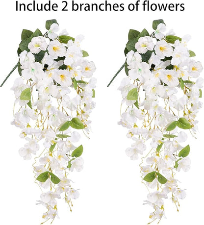 Fake Hibiscus Artificial Hanging Flowers Plants for Outdoors Spring Decoration, 2pcs Silk Hibiscus Vines Realistic UV Resistant White Faux Flowers for Outside Planter Porch Patio Yard Wedding Party
