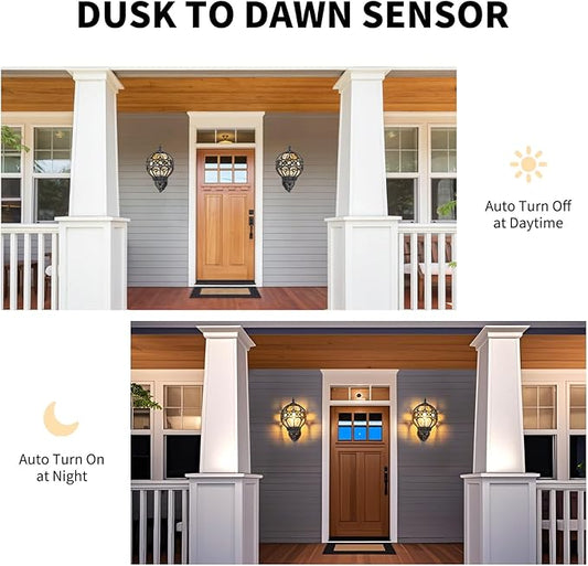 Dusk to Dawn Outdoor Lighting, Black Porch Wall Lights, Black Globe Aluminum Exterior House Lantern Wall Mount with Amber Glass, Anti-Rust Waterproof Outside Light Fixtures for Patio Doorway Garage