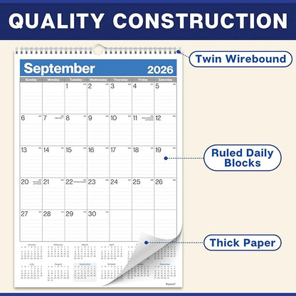 Dunwell 2026 Large Wall Calendar 12x17, Blue, Big Grid 12 x 17 Hanging Monthly Calendar with Large Daily Blocks, Premium Paper, Jan–Dec 2026