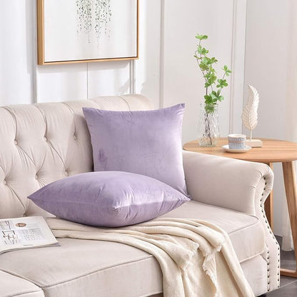 Set of 2 Soft Velvet Throw Pillow Covers, Decorative Solid Cushion Cases for Sofa Couch and Bed - 18"x18", Lavender
