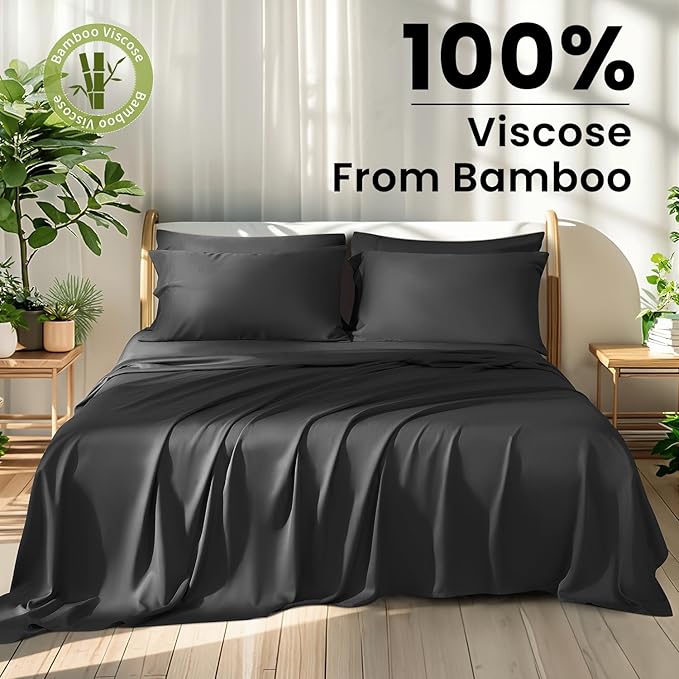 Shilucheng 100% Viscose Derived from Bamboo_ Sheets Queen Size 6pcs - Ultra Cooling & Silky Soft Bed Sheets, 16" Deep Pocket, Perfect for Hot Sleepers, Hotel Bedding Sheets (Black)