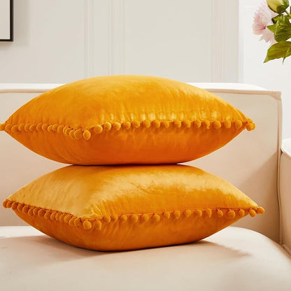Deconovo Velvet Throw Pillow Covers, Set of 2, Decorative Pom-poms Soft with Invisible Zipper Cover for Sofa,Mustard Yellow,22x22 Inch