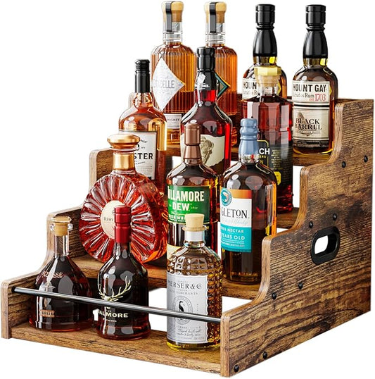 KLM Liquor Bottle Display Shelf, Coffee Syrup Rack Organizer, 4 Step Countertop Liquor Wine Rack, mini bar,liquor cabinet, Home Retro Bar Shelf Stand for Liquor Whiskey, (Brown)