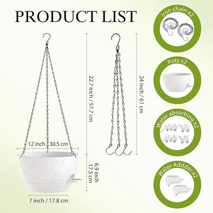 12 Inch Hanging Baskets 2 PC with Chains, Self-Watering Hanging Planters for Indoor Outdoor Plants, Plastic Hanging Flower Pots,Speckled White