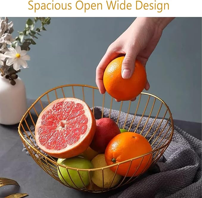 2-Pack Kitchen Countertop Fruit Baskets – Sturdy Metal Wire Rack, Multi-Purpose Tabletop Storage Tray for Fruits, Vegetables, Bread, and Household Items (Gold)