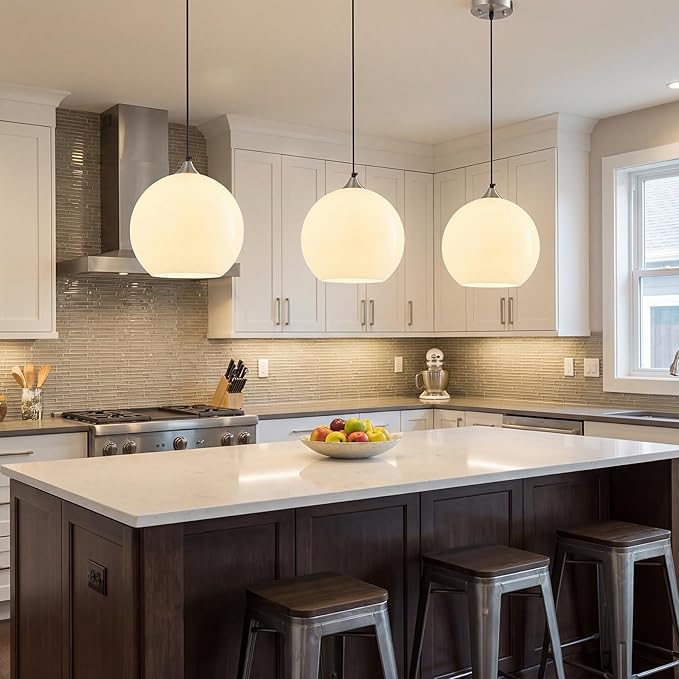 Milky Luster Glass Pendant Lights Kitchen Island Globe Pendant Light Fixtures Modern Pendant Lighting for Bedroom Living Dining Room Light Fixture (9.84 in, 2 Pack)