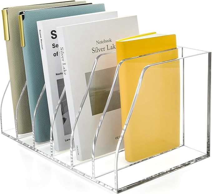 Acrylic Magazine File Holder, 6 Vertical Compartments Desk Document Sorter Organizer, Clear Folder Rack Binder for Office, Documents, Tablets, Magazines, Books – Home/Classroom Rack