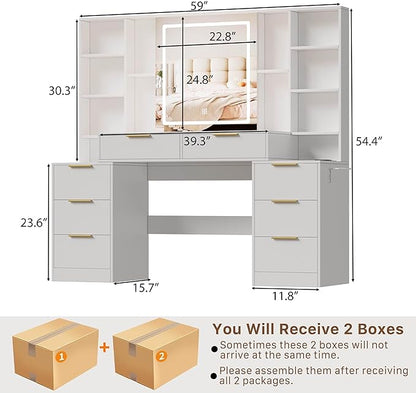 Large Makeup Vanity Desk with Lighted Mirror & Power Outlet,Dresser Table with 3 Lighting Modes Brightness Adjustable,Drawers,Shelves,Hair Dryer Stand for Bedroom,White (No Stool)