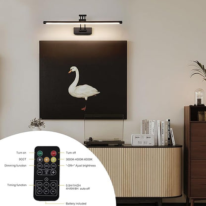 LED Battery Operated Picture Lights with Remote Wireless Art Lighting for Wall 23.6 Inch Rechargeable Painting Light Black Frame Lights Dimmable 3CCT Gallery Light for Library Portrait