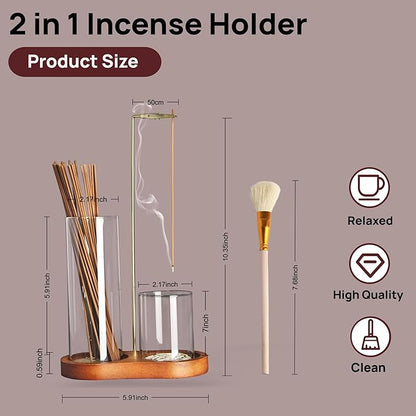 2 in 1 Incense Holder for Sticks with Glass Ash Catcher, Anti-ash Incense Burner for Yoga Meditation Spa Room Decor, Includes Ash Brush