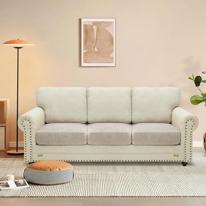 MAXIJIN Velvet Stretch Cushion Covers Fitted Couch Cushion Slipcovers Sofa Seat Cushion Covers for Individual Cushions with Elastic Bottom (3 Piece Sofa Seat Slipcovers, Khaki)