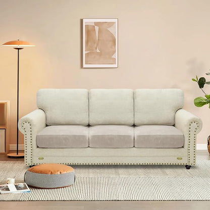 MAXIJIN Velvet Stretch Cushion Covers Fitted Couch Cushion Slipcovers Sofa Seat Cushion Covers for Individual Cushions with Elastic Bottom (3 Piece Sofa Seat Slipcovers, Khaki)
