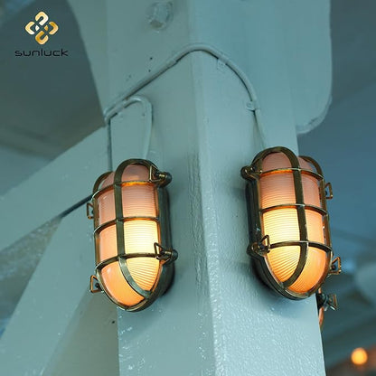 Sunluck Brass Bulkhead Light,Grid Oval Nautical Wall Light,Lampshade,Ceiling Mount Lighting,Sauna Light Waterproof IP65,Rust Resistant,for Wet Location Bath,Seaside,Ship,Basement,Garage