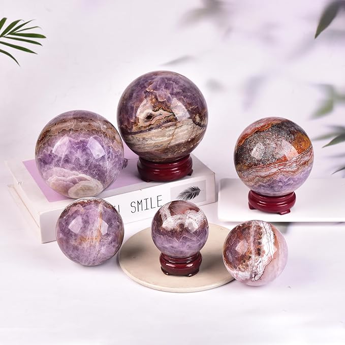 JIC Gem Natural Amethyst Agate Crystal Sphere with Wooden Stand Amethyst Decorative Crystal Gemstone Sphere for Meditation Feng Shui Witch-Style Decor Table 70-80mm