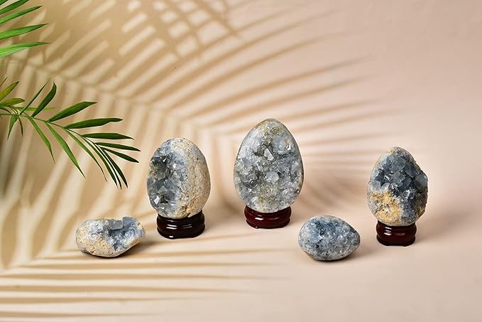 AMOYSTONE Egg-Shape Gemstones Healing Crystals Blue Celestite Cluster Geode Egg 2.5-3", for Healing Reiki Home Decors, Easter Egg