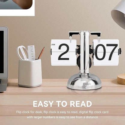 Flip Clock, Retro Desk Clock Minimalist Mechanical Auto Desk with Large Numbers Digital Display for for Office Bedroom Hotel White