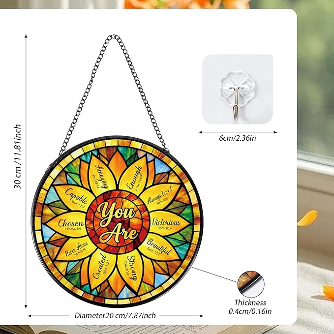 Rngmsi Christian Sunflower Stained Glass Window Hanging, Bible Verse Sun Catcher Gift for Housewarming, Inspirational Religious Suncatchers Gifts for Women Mom Home Decor 8 Inch