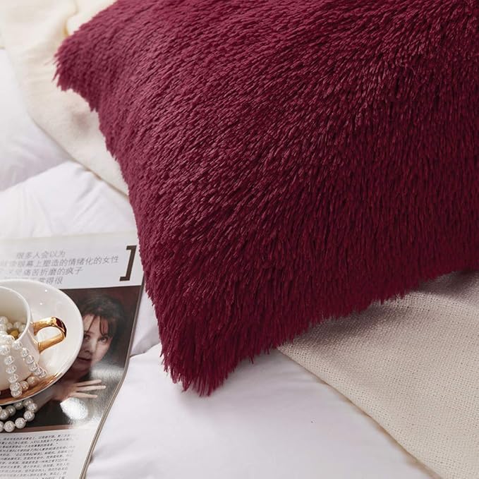 Uhamho Set of 2 Standard Pillowcases Faux Fur Throw Pillow Covers Queen Size Shams Soft Velvet Decorative Zipper Closure (Burgundy, 20"x26")