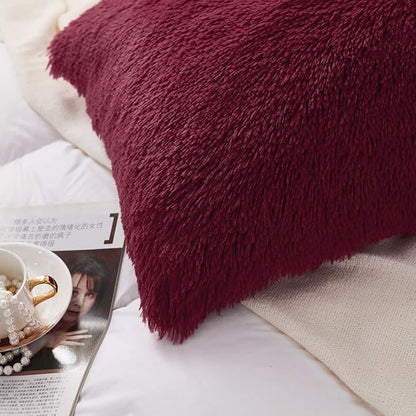Uhamho Set of 2 Standard Pillowcases Faux Fur Throw Pillow Covers Queen Size Shams Soft Velvet Decorative Zipper Closure (Burgundy, 20"x26")