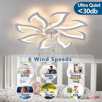 HuixuTe 32" White Modern 8-head Geometric Ceiling Fan with Lights Remote Control, Low Profile Ceiling Fan with Light for Kitchen Bedroom Living Room