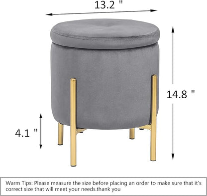 Adeco Upholstered Tufted Round Storage Ottomans, Grey Modern Velvet Footrest Ottomans with Storage for Couch