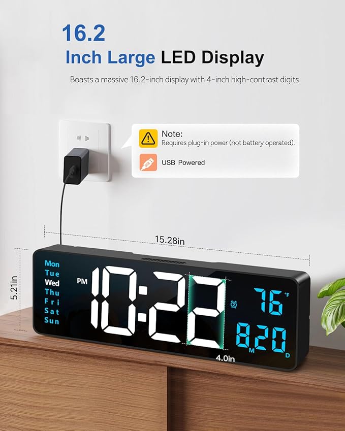 Digital Wall Clock, 16" Large Display Digital Clock with Night Light, Wall Clock with DST, Alarm, LED, Date, Week, Temp for Living Room, Bedroom, Classroom Decor, Birthday Gift for Senior Mom Dad