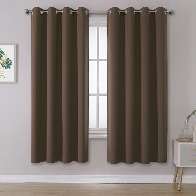 DUALIFE Brown Blackout Curtains Panels for Bedroom 63 Inches Long Coffee Color Curtains with Grommet Thermal Insulated Room Darkening Solid Widow Drapes for Living Room 52x63 Inch Set of 2 Panels