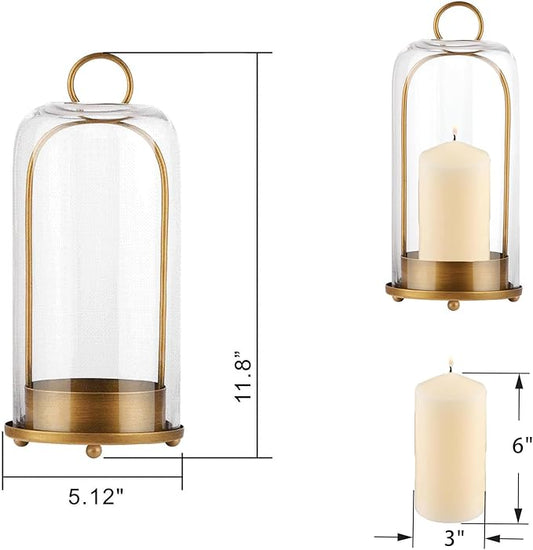 12" High Versatile Modern Metal Hurricane Lantern with Handmade Sturdy Glass Dome in Antique Brass for Pillar Candle & Plants, Industrial, Farmhouse, Shabby Chic (Brass, 5"x12")