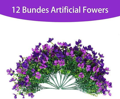 Artificial Faux Plants Flowers Outdoor Spring Summer Decoration, 12 Bundles Fake Silk Colorful Daisy Eucalyptus Realistic UV Resistant for Outside Home Planter Porch Patio Yard Decor (Purple)