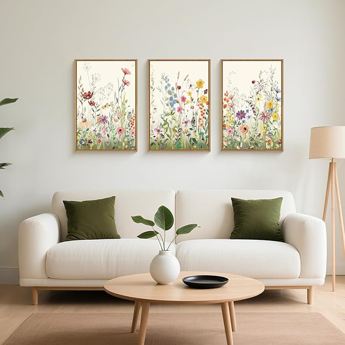 Watercolor Colorful Wildflower Framed Canvas Wall Art Set,Modern Nature Flower Wall Decor,Natural Pink Green Floral Botanical Artwork for Living Room, Bedroom,Farmhouse- 24"x36"x3