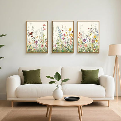 Watercolor Colorful Wildflower Framed Canvas Wall Art Set,Modern Nature Flower Wall Decor,Natural Pink Green Floral Botanical Artwork for Living Room, Bedroom,Farmhouse- 16"x24"x3