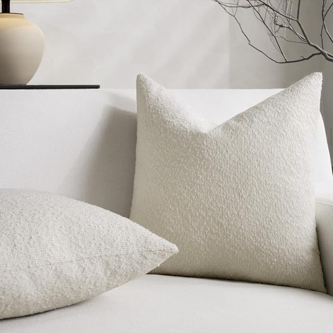 Throw Pillow Covers 20 x 20 Inch Set of 2, Decorative Cream White Soft Boucle Accent Textured Pillow Cover, Cozy Neutral Cushion Pillow Case for Couch Sofa, Bedroom, Living Room Decor