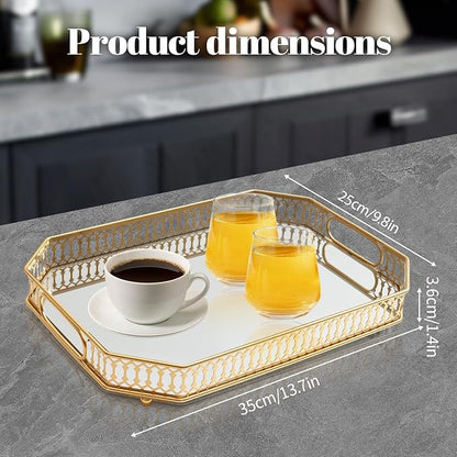 Vintage Gold Mirrored Vanity Mirror Tray Decorative Perfume and Makeup Organizer with Handles for Dresser,Bathroom or Jewelry Display, Decor Home Large Size