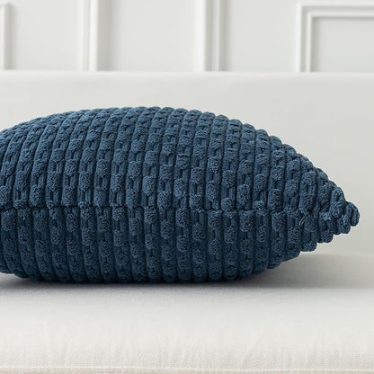 Kevin Textile Pack of 2 Blue Corduroy Decorative Throw Pillow Covers 16x16 Inch Soft Boho Striped Pillow Covers Modern Farmhouse Home Decor for Autumn Sofa Living Room Couch Bed